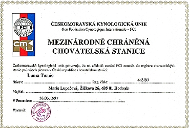 certifikát chovatelské stanice